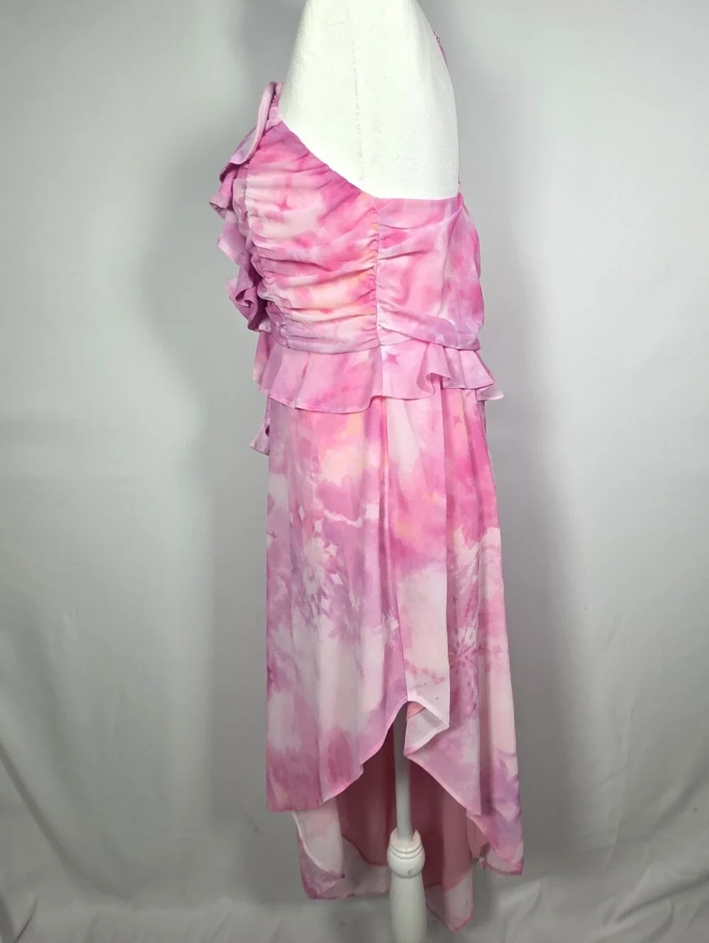 Tularosa Pink Tie Dye Ruffle High Low Midi Dress‎ Strappy L